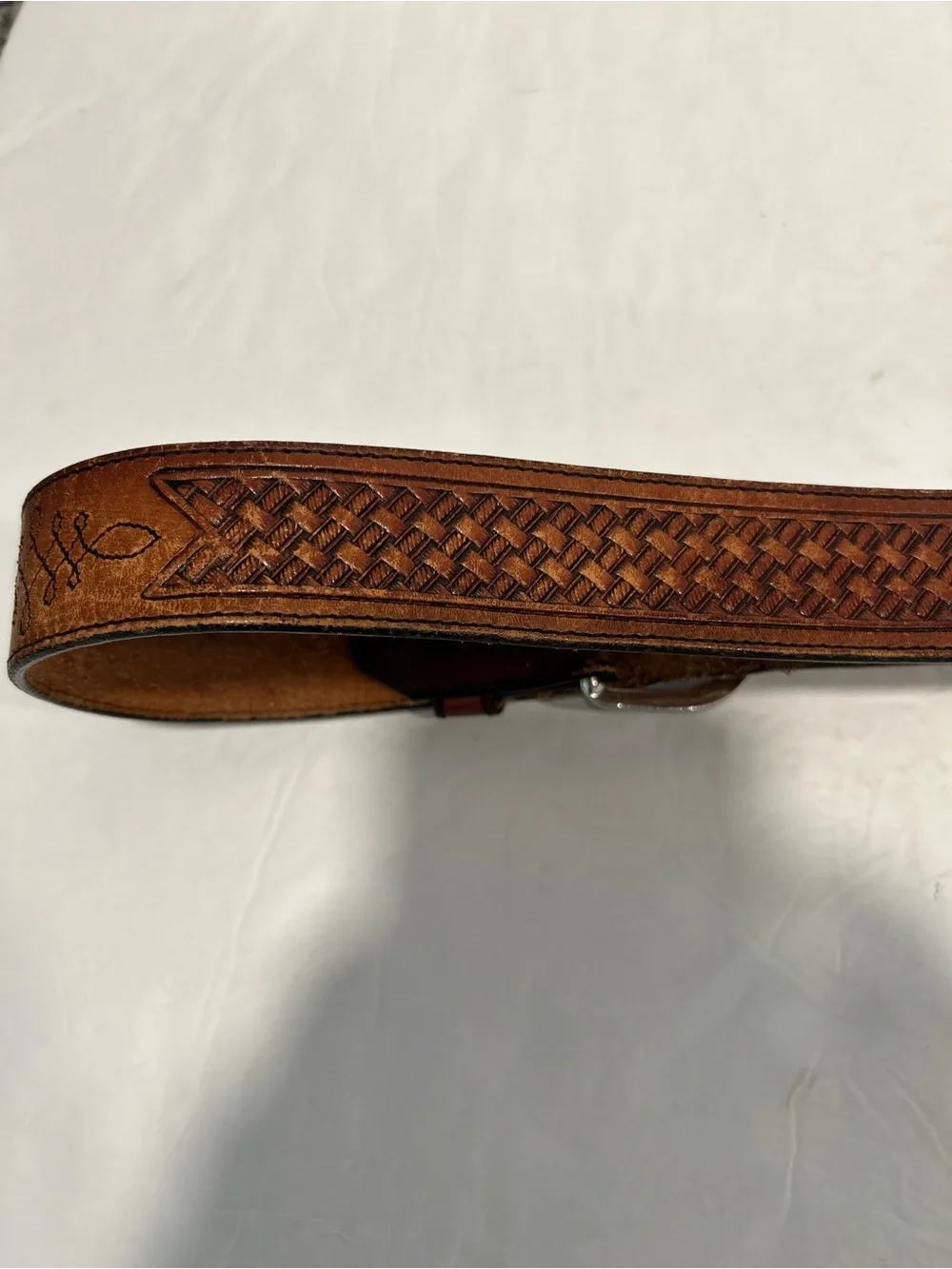 Vintage Leegin Silver Creek Basketweave Tooled Leather Belt Size 40 USA Made